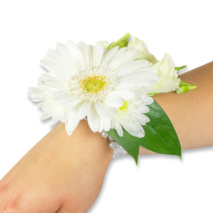 A striking white wrist corsage is photographed on a light-toned forearm against a pure white background, its craftsmanship and textures shown in fine detail. Dominating the piece is a large, pristine white Gerbera daisy whose many velvety petals radiate outward from a bright lime-green and yellow centre that brings an energetic focal point to the otherwise serene palette. Nestled around this central bloom are small, pillowy white chrysanthemum-style flowers and creamy lisianthus-some in tight buds, others beginning to unfurl-adding soft volume and layered depth. The backing foliage consists of rich, deep green leaves, likely salal or Ruscus, whose glossy surfaces and defined veins frame the flowers and extend gently along the forearm, giving the arrangement both structure and organic flow. A refined, multi-strand bracelet of pearlescent beads secures the arrangement to the wrist, the pearls reflecting light and lending an understated, heirloom quality to the design.

Made with the considered hand of a Maida Vale florist, this corsage is ideal for weddings, proms, graduations, or any occasion that calls for a classic, white floral accent-imagined on a bride before a stroll by the canals of Little Venice or a bridesmaid gathering near Warwick Avenue. The scent is faint and green, the petals cool and soft to the touch; visually it communicates purity, celebration, and quiet elegance. Flowers Maida Vale crafts this wearable bouquet to sit comfortably through photographs and procession, a small, fresh keepsake for important local moments.