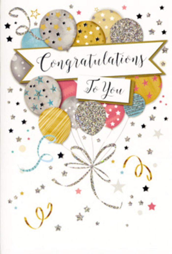 The card in this image captures a graceful moment of celebration, like a thoughtfully arranged party scene distilled into a single composition, well suited to accompany flowers being sent across Maida Vale. At first glance, the eye is drawn to a generous cluster of balloons rising from the lower half of the design and filling the central space. These balloons are rendered in soft, harmonising shades of warm gold, shimmering silver, champagne cream, pale sky blue, delicate blush pink, and understated grey, each outlined with a subtle metallic sheen. Some surfaces are adorned with tiny starbursts and sparkling dots, while others wear diagonal stripes or scattered glitter textures, echoing the way light might catch on real foil balloons in a cosy flat overlooking the tree-lined streets off Clifton Road. From the base of the cluster, thin, gracefully curved ribbons extend downward in elegant sweeps of gold and silver, looping over each other like the trailing stems and grasses in a modern floral arrangement. They draw the viewer's gaze toward the lower portion of the card before leading back up to a gently unfurling banner positioned through the centre of the composition. Across this banner, the word Congratulations and its accompanying sentiment are written in flowing, decorative script, carefully placed so as not to crowd the surrounding artwork. The background remains light and airy, sprinkled with small metallic stars, confetti dots, and curling lines that suggest movement and joyful energy without overwhelming the main design. The overall feel is of celebratory refinement-perfect to pair with a bouquet marking a graduation, promotion, or personal triumph, and to be delivered to a doorway near the canal or a quiet corner café where the recipient can savour their achievement.
