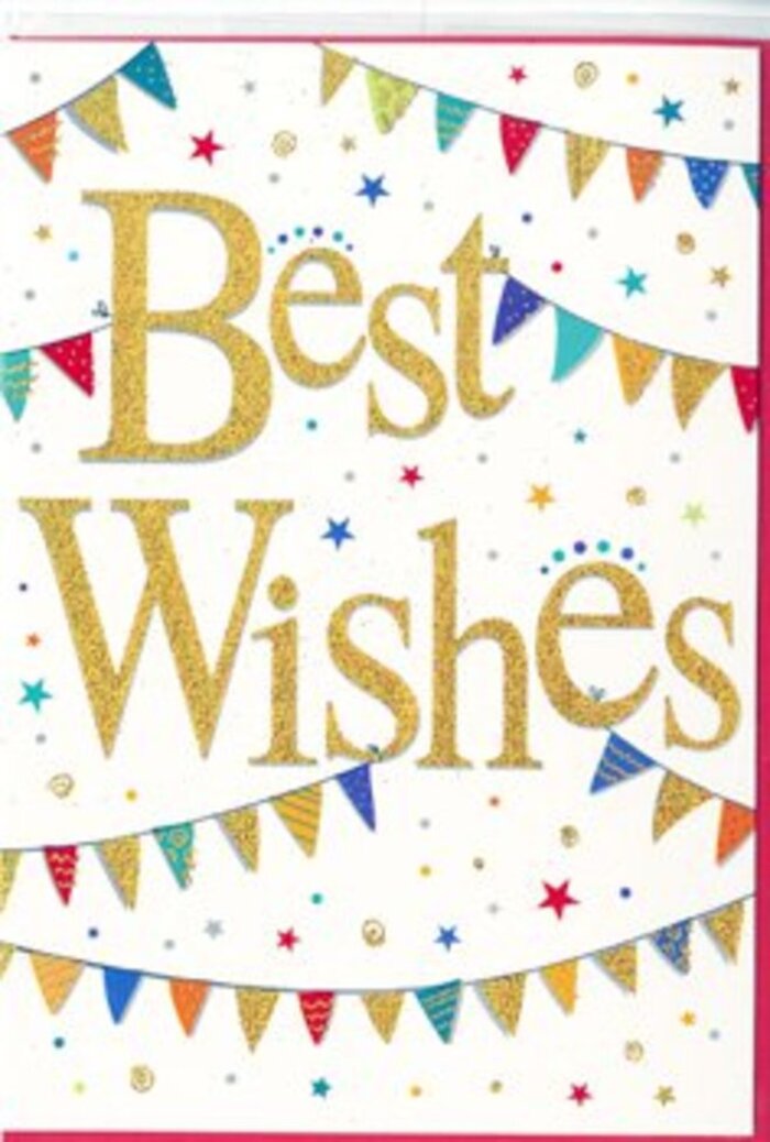 This Best Wishes card glows with a sense of joyful celebration, like a little burst of happiness ready to be slipped into a bouquet for delivery around Maida Vale. At the heart of the design, the phrase Best Wishes is written in graceful, looping gold script, each stroke thick enough to feel substantial while still appearing elegant. The gold ink has a fine, glittering quality, catching the eye in the same way sunlight seems to dance on the windows of the mansion blocks along Lauderdale Road. The letters are slightly raised from the surface, giving the central message a luxurious, tactile presence that invites you to trace the words with your fingertips. Encircling this golden greeting, strings of bunting curve gently across the top and bottom of the card. The miniature flags form long, cheerful garlands, with each triangular pennant painted in a jewel-bright shade-sapphire, ruby, emerald, amethyst, and citrine-so that the colours appear almost like a row of tiny stained-glass pieces hung on a line. Some flags are adorned with simple stripes, others with dots or small mosaic-like motifs, making the design feel playful and handcrafted rather than mass-produced. Scattered between these garlands are small stars and dots that look like falling confetti, landing lightly on the white background. They give a sense of movement and spontaneity, as though someone has just shouted Congratulations! outside a front door on Shirland Road and tossed a handful of colour into the air. The brightness of the bunting and confetti is balanced by the calm, uncluttered white space, so the card feels jubilant but never overwhelming-ideal for sending warm congratulations or encouragement to a friend, colleague, or family member celebrating an important step in life.