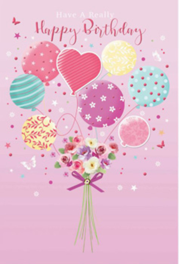 This birthday card artwork portrays a floating floral celebration that could easily belong in one of Maida Vale's peaceful garden squares, captured in soft pastels and gentle light. The background is a smooth, romantic pink, like the sky reflecting off the canal in late afternoon. Rising from the lower edge of the image, a cluster of pastel balloons forms an airy arch. Their colours shift from rosy pink and dusty mauve to mint green, pale turquoise, buttery yellow, and lavender, all with a satin-like sheen. Each balloon carries its own playful design: swirling candy stripes, scattered dots that resemble tiny confetti, and subtle floral motifs that echo the blooms below. Anchored at the bottom of the cluster sits a dainty hand-tied bouquet, as though freshly gathered from a local florist on Lauderdale Road. Petite roses and daisy-style flowers are arranged tightly together, petals overlapping in layers of cream, blush, soft peach, and muted lilac. Their textures appear velvety and delicate, suggesting that the bouquet is fresh, cool to the touch, and lightly perfumed, the way a new delivery of birthday flowers might smell when it arrives at a Maida Vale townhouse. A shimmering violet ribbon is wrapped snugly around the stems, knotted into a neat bow that adds structure and a sense of occasion. Around the composition, tiny butterflies and star-like accents drift through the air, adding a fairytale touch, as if the bouquet and balloons were gently lifting off into a birthday daydream. The overall mood is playful yet refined, a tender visual wish that turns a simple greeting into a cherished, uplifting moment.