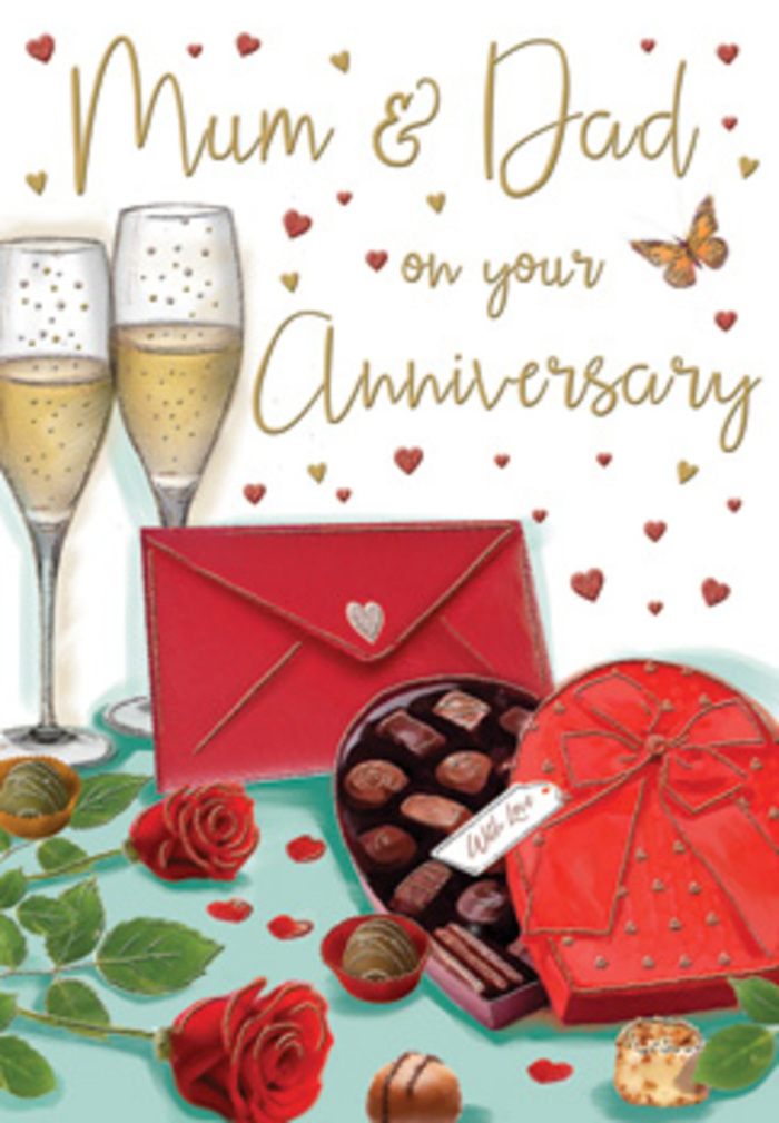 Illustrated anniversary card design capturing an indulgent, romantic still life that could easily be imagined on a Maida Vale mantelpiece after an evening celebration. At the heart of the image, two red roses lie side by side, their heads slightly tilted, with petals rendered in rich, velvety shades of scarlet and deep crimson. Each petal seems gently ruffled, like freshly opened blooms chosen by a skilled local florist. Surrounding the roses are glossy green leaves that provide a natural, vibrant frame, their subtle veins and curves adding texture. Set close to the flowers is a heart-shaped chocolate box, the lid lifted just enough to display an assortment of luxurious chocolates nestled within; the box itself is adorned with a full-bodied red bow, its satin loops and trailing ends catching the light in soft highlights. Behind this, a pair of tall, elegant champagne flutes stand together, filled with sparkling golden champagne; tiny bubbles rise towards the rim, suggesting the moment just before a toast is made. The background glows with warm tones, scattered with petite red and gold hearts that drift like confetti, giving a sense of celebration and joy. A scarlet envelope, sealed and slightly angled, hints at a handwritten anniversary message, perhaps from grown-up children to their parents who built a life together in the tree-lined streets near Warwick Avenue. The overall effect is intimate and celebratory, evoking the scent of roses, the clink of glasses, and the quiet contentment of a love that has endured.