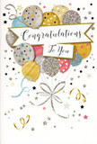 This congratulations card appears like a softly glowing celebration set against a clear, pale backdrop, ideal for sending alongside a fresh bouquet to someone in Maida Vale. At the heart of the design floats a lush bouquet of illustrated balloons, clustered together so they almost touch, creating a sense of fullness and abundance. The balloons are rendered in a harmonious palette of gold, silver, champagne, blush pink, sky blue, and gentle grey, each with its own decorative personality: some shimmer with delicate glitter-like textures, others are patterned with tiny stars or fine stripes, giving the impression of different finishes you might see in a chic party display near Formosa Street. Fine metallic outlines and subtle shading make them appear slightly three-dimensional, as though light is brushing across their curved surfaces. Elegant, curling ribbons fall from the base of the cluster, drawn in bright gold and silver, twisting and looping like the trailing ends of gift wrap or the flowing lines of foliage in a florist's design. These ribbons visually connect the balloons to a wide, softly curved banner that stretches across the middle of the card. On this banner, the phrase Congratulations To You is written in stylish, cursive lettering that balances formality with warmth, standing out clearly without overpowering the artwork. Surrounding the main elements, tiny stars, curling swirls, and scattered confetti dots float through the background, creating a gentle sense of movement and festive sparkle. The overall effect is one of joyful sophistication-a card that feels light, hopeful, and radiant, perfect for celebrating an exam success, a promotion, or any proud moment worth remembering.