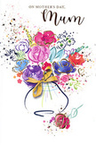 On this expressive Mother's Day card, a painterly bouquet bursts from the centre, rendered in loose, fluid watercolour strokes that seem to dance against a crisp white background, much like fresh flowers brightening a Maida Vale townhouse. The blooms themselves are a lively mix of cerise, fuchsia, and soft blush pink, accented by flourishes of deep indigo that sketch in petals and stems without confining them. Between these warmer hues, strokes of cool blue, gentle lilac, and hints of green create depth and airiness, evoking the layered textures of a hand-tied arrangement. Subtle metallic gold accents trace around individual petals and leaves, glimmering softly, as though catching the late afternoon light by the canals of Little Venice. The bouquet is gathered into a compact vase painted in understated shades of cream and grey, tied with a slim golden bow that hints at professional florist wrapping and the tactile pleasure of untying ribbon. Scattered around the bouquet, fine droplets of paint, tiny hearts, and abstract specks of colour lend a festive, celebratory feel, suggesting petals tossed in joy or the joyful scribbles of a child's handmade note. The composition feels light yet emotionally full, a blend of spontaneity and intention that mirrors the way love for a mum can be both everyday and extraordinary. This card would pair beautifully with a real bouquet delivered locally, offering a lasting, artistic echo of the flowers and a heartfelt message of thanks from Maida Vale to a cherished mother.