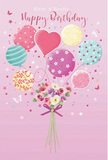 The image depicts a whimsical birthday bouquet illustration that feels as light and joyful as a stroll through Maida Vale on a sunny weekend. Set against a soft pink backdrop, a spray of pastel balloons rises gracefully, carrying with it the sense of a wish floating upward. The balloons are varied and expressive: some wear candy-coloured stripes that curve elegantly around their rounded forms, others are sprinkled with playful polka dots, and one stands out as a heart-shaped balloon glowing in rosy tones at the centre. Their colours-pale pink, sea green, lemon yellow, lilac, and creamy white-blend smoothly, creating a gentle, uplifting palette reminiscent of spring blossoms along Warrington Crescent. At the base of this floating cluster, a compact bouquet of fresh flowers appears, as if hand-tied for a birthday surprise. The arrangement features delicate roses and anemone-like blooms, their petals layered in creamy ivory, blush, and soft mauve, with subtle shading that suggests depth and softness. A violet satin bow gathers the stems neatly, its smooth texture catching the light with a soft shimmer, showing the care of a skilled florist. Around the balloons and flowers, tiny star motifs and small butterflies are scattered like confetti, adding a dreamy, celebratory touch. It feels as though the entire composition is gently illuminated by warm, diffused light, enhancing the gloss of the balloons and the natural glow of the petals. The overall impression is one of airy sweetness and heartfelt celebration, perfect for conveying birthday joy in a way that feels both personal and enchanting.