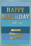 A serene, beautifully balanced birthday card fills the frame, its design rooted in soothing blue tones and tasteful gold accents, ideal for a thoughtful celebration in Maida Vale. The background is formed from wide, horizontal bands of blue arranged in a gentle gradient, with darker, more saturated shades at the bottom gradually lightening to softer, airy hues near the top, like the sky opening over the tree-lined avenues by Maida Vale station. Across this tranquil backdrop, the words HAPPY BIRTHDAY stand proudly in large, embossed gold lettering. The metallic finish gives each capital letter a soft, luminous glow as though it might shimmer when moved under a lamp. Below the main greeting, a delicate golden flourish curls outward in a symmetrical ornament, echoing classic stationery designs and adding a sense of timeless charm. Underneath, three narrow gold banners are stacked one above the other, each polished ribbon carrying a portion of the friendly message: Relax, have a great day and enjoy! These banners create a gentle progression of wishes, inviting the celebrant to pause, smile, and take pleasure in their day. The entire design is enclosed by a slim gold border that neatly frames the composition and adds a final touch of finesse. The card's texture appears smooth with a subtle matte quality, letting the raised gold details stand out under soft indoor lighting. You can picture it propped beside a birthday cake or a freshly delivered bouquet in a Maida Vale flat, quietly radiating warmth, calm, and genuine good wishes.