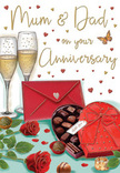 Warm, romantic anniversary card illustration depicting a lovingly arranged scene of roses, champagne, and chocolates, reminiscent of a quiet celebration in a Maida Vale apartment. In the foreground, two sumptuous red roses rest on a softly lit surface, their petals richly layered and almost touchable, with deep crimson tones fading to lighter scarlet at the edges. Lush, polished green leaves extend from the stems, adding structure and freshness as if cut that morning from a florist on Elgin Avenue. Directly beside them, a heart-shaped box of chocolates sits invitingly open, revealing neatly placed truffles in various shades of chocolate brown, each one subtly highlighted to suggest a smooth, glossy finish. The box is wrapped in an extravagant red bow, its wide loops and trailing ribbons giving the image a sense of luxury and care. Just behind, two slender champagne flutes stand side by side, brimming with pale golden fizz, the rising bubbles frozen mid-motion as though caught during a quiet toast. Around this central arrangement, tiny red and gold hearts drift across a soft, neutral background, echoing the affectionate sentiment of an anniversary greeting. A deep red envelope lies nearby, sealed and waiting to be opened, suggesting intimate words meant for a cherished couple-perhaps Mum & Dad celebrating many shared years near the peaceful paths of Paddington Recreation Ground. The whole composition glows with gentle warmth and gratitude, conjuring the feeling of an evening spent reminiscing, savouring chocolate, and honouring a love story that has grown richer with time.
